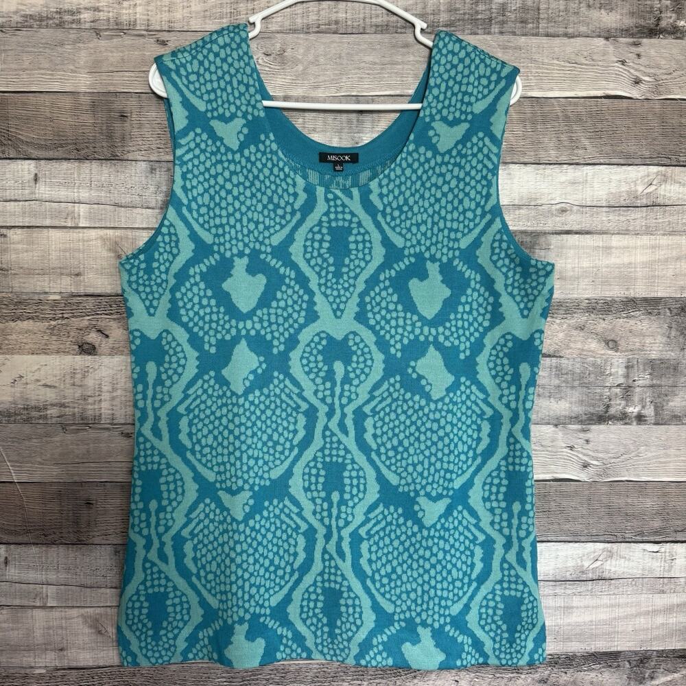 Misook Signature Knit Sleeveless Tank Top Green Teal Patterned Size Large